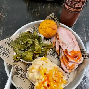 Collards, sweet potato muffin, Mac and cheese, and turkey was amazing