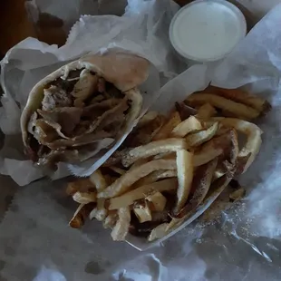Lamb Gyro and fries with Cucumber sauce.