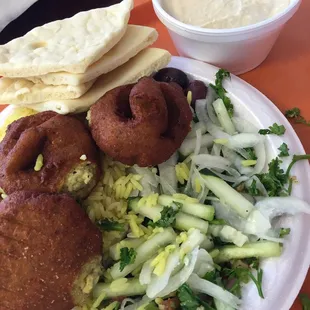 Falafel platter with tabbouleh and rice.  With an order of hummus