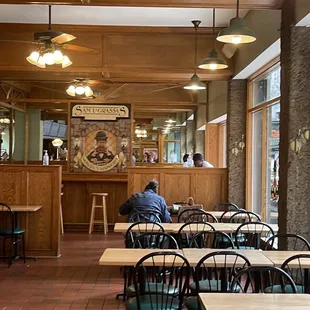 The Interior with all wood features &amp; tables &amp; chairs @ Sam LaGrassa&apos;s Restaurant in Downtown Boston.