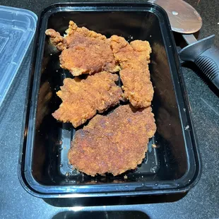 Chicken tenders. Kid did not like them.  Thin and overcooked