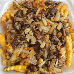 Chili cheese Philly cheesesteak fries