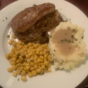 Daily Special..Stuffed pork chop, mashed taters and corn!!