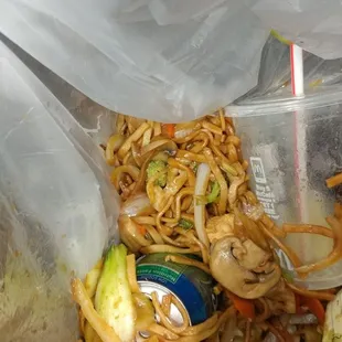 This is Chicken Lo Mein in the trash, where it belongs, since I ordered Chow Mein. The noodles are very soggy in this dish.