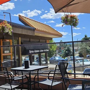 a patio with tables and chairs