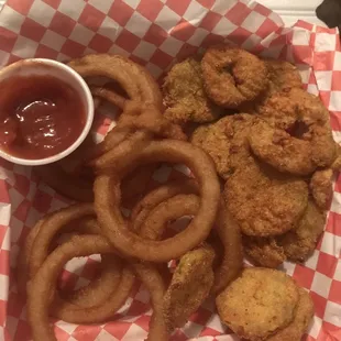 Fried Pickles, Onion Rings and Grilled Fish (Not pictured because I was hungry lol)