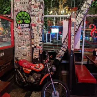 a motorcycle parked in the corner