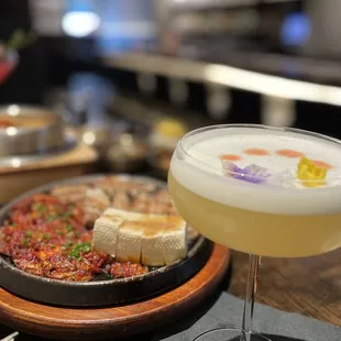 Cocktail: Sam Sunny Sour  Back: 'Samgyupsal' Pork Belly