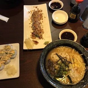 Vegetable Ramen &amp; Sushi lunch combo (spicy crab), and Crispy Roll above.