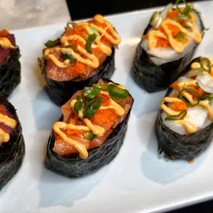 Right to left.  Tuna, Salmon, Escolar.