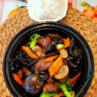 $15.50 Diced Beef Filet with Mixed Mushrooms (Dinner Portion). Served with a side of rice, delicious!