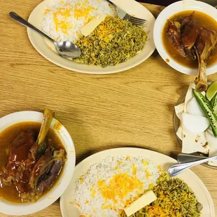 three plates of food on a table