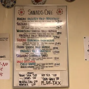 a menu on the wall