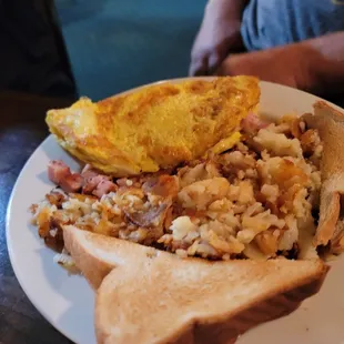 Omelette and hash browns.