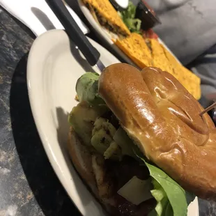 Chicken avocado BLT with a pretzel bun, and chicken quesadilla!! Just amazing.