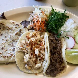 Bean &amp; cheese papusa, tacos pollo &amp; asada.