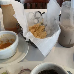 Complimentary homemade chips and salsa. Horchata drink