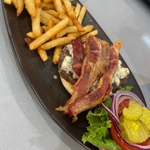 Bacon Cheese Burger w/ blue cheese + Fries
