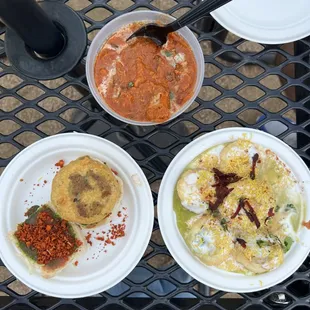 three plates of food on a table