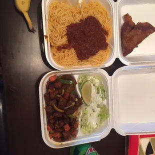 Suqaar and salad, baasto, sambusa, banana and Mt Dew ($12 TOTAL)