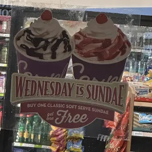 Wednesday&apos;s buy one classic soft serve sundae, get one free at Carvel, located inside the Samco.