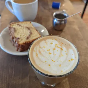 Earl Grey Lavender latte, coffee, and cinnamon coffee cake