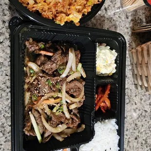 Spicy fish cake, kimchi fried rice, combo beef bulgogi