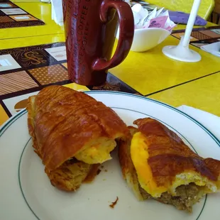 Breakfast sandwich and coffee.