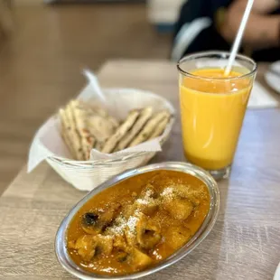 Mushroom curry, mango lassi, garlic naan