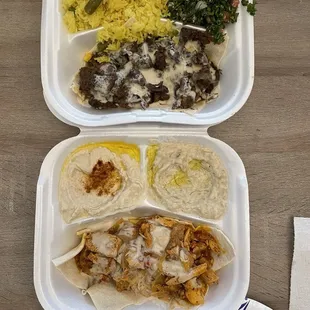 Beef shawarma platter with rice and tabbouleh salad and chicken Shawarma Chicken Platter with hummus and babaganoush.