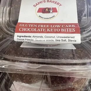 chocolate keto bites in a plastic container