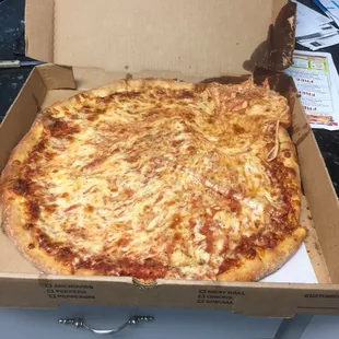 a cheese pizza in a box