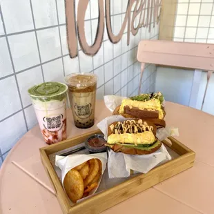 Hotpot Sammich and Sam' Chips, Signature Sammich, Strawberry Matcha Dlite, Cloudy Coffee Boba