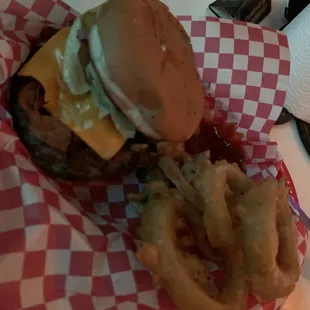 Mexiburger. Added bacon. With onion rings.