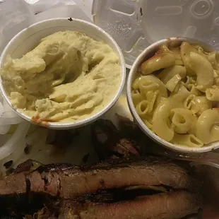 Ribs, potato salad, Mac n cheese