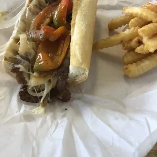 Philly cheesesteak is delicious.  Look at those sweet peppers!