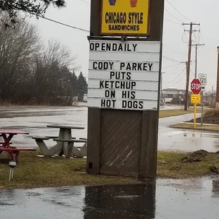 The sign reads &quot;Cody Parkey puts ketchup on his hot dogs&quot;