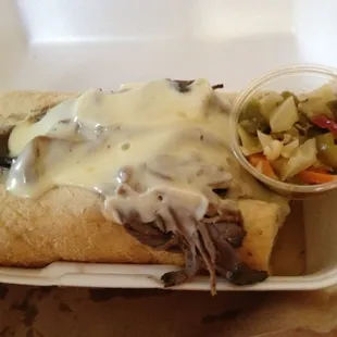 "Eye-talian" beef with cheese, hot gardinera on side. Good flavor, juicy too.