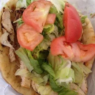 Grilled chicken breast on pita without cheese, ranch instead of mayo. Packed with chicken, yummy pita.