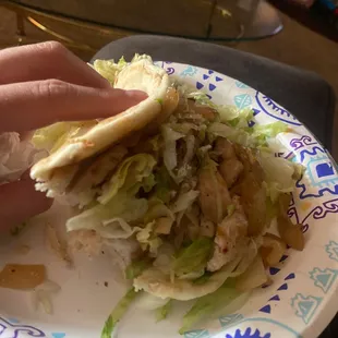 a person holding a sandwich on a paper plate