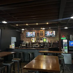 a bar with tables and stools