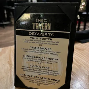 Dessert menu
