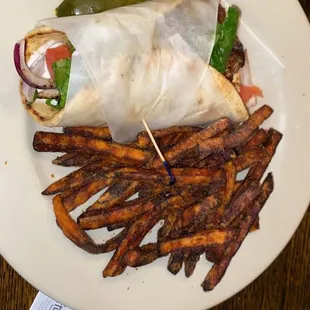 Chicken gyro with sweet potato fries