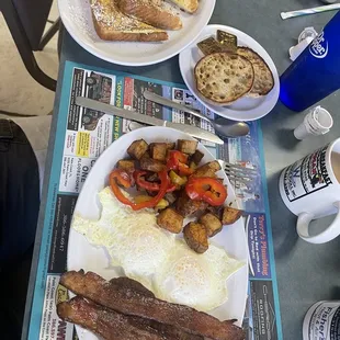 breakfast Special number 2 French toast, English muffin, home fries, over easy, bacon, sausage.