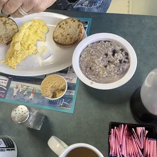 Scrambled eggs, English muffin, and outstanding blueberry oatmeal.