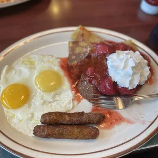 Strawberry Crèpe w/ sausage &amp; eggs