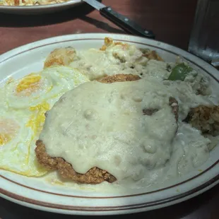 Chicken, fried steak and eggs