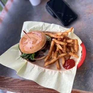 a hamburger and fries
