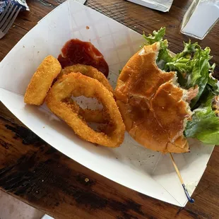 Burger and onion rings