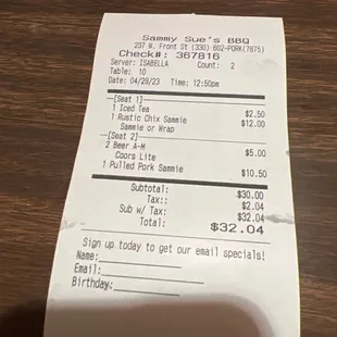 a receipt for $ 1